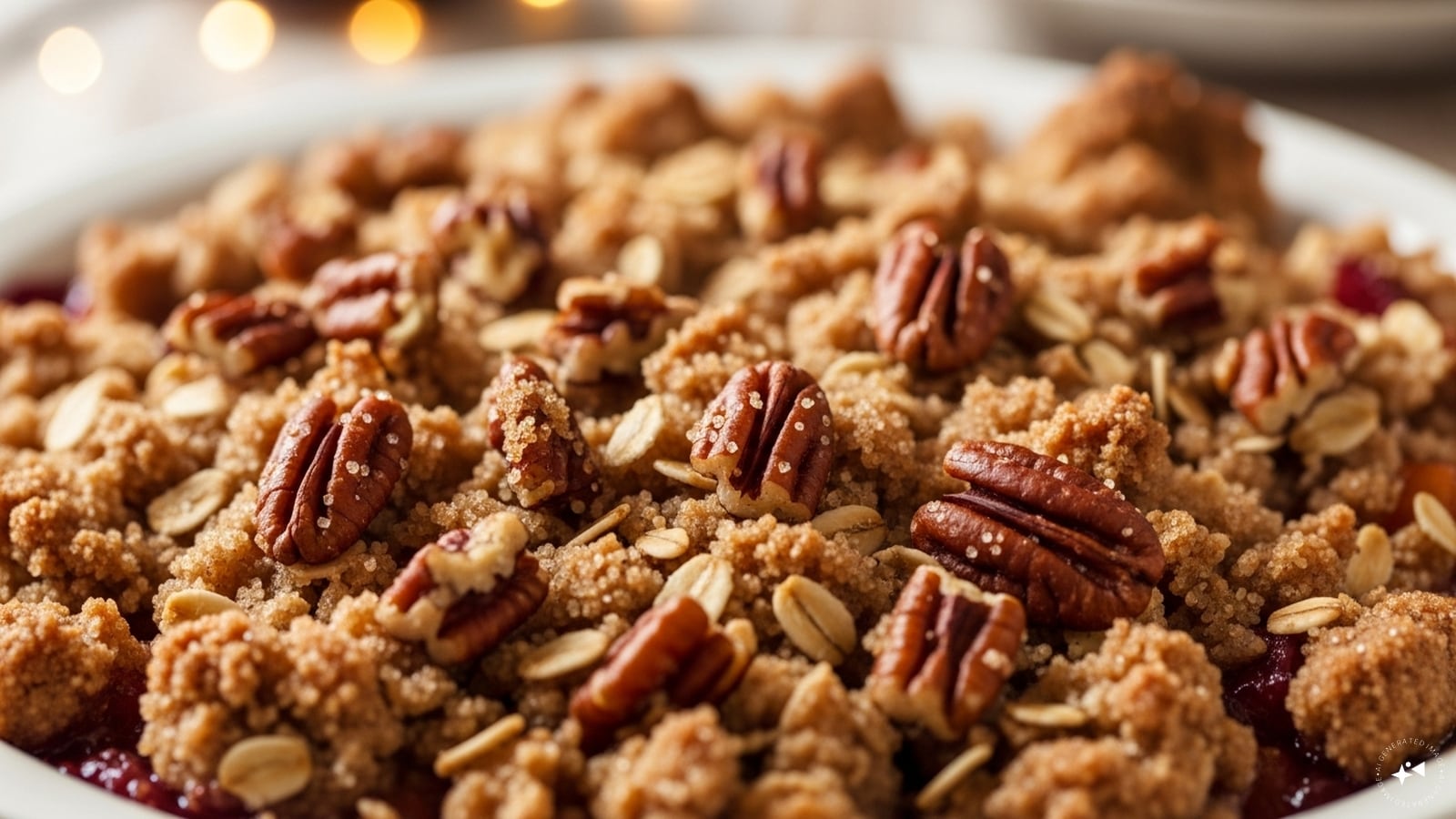 Step 3: Make the crumbling topping. Put all the ingredients into mixing bowl. Using your fingertips, rub the margarine into the dry ingredients until the mixture looks like breadcrumbs. 